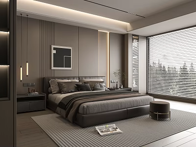 Modern Double Bed Bedroom Interior With Bedside Tables Rug Framed Art And Window Blinds 3d model