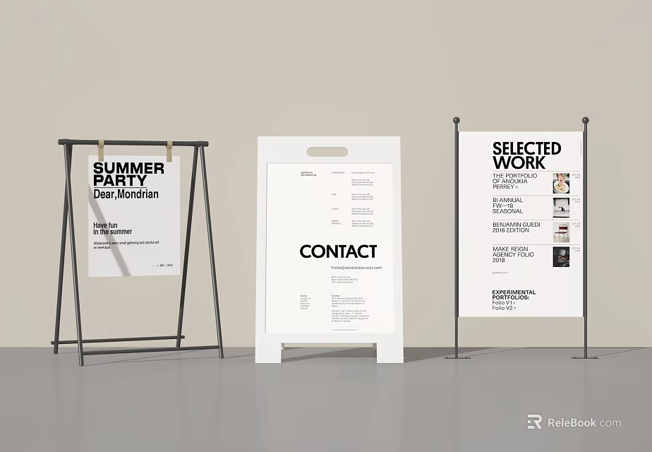 Display Boards With Summer Party Invitation Contact Info And Selected Work 3d model 
