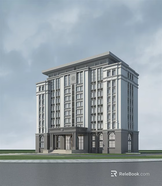 Modern Office Building Exterior With White Gray Facade And Large Windows 3d model 