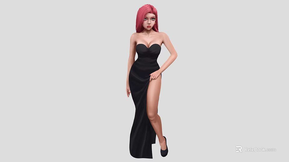 Woman with red hair wearing black strapless long dress with slit and black high heels 3d model 