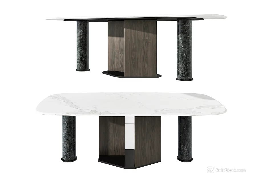 Modern Dining Table With White Marble Tabletop And Dark Wooden Pillar Legs Design 3d model 