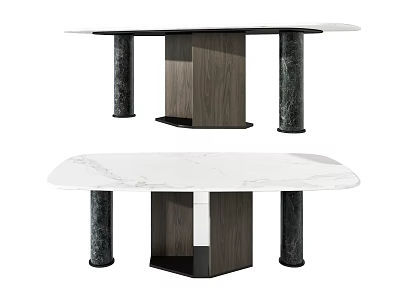 Modern Dining Table With White Marble Tabletop And Dark Wooden Pillar Legs Design 3d model