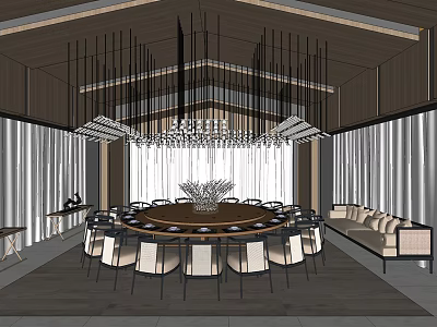 Elegant Modern Private Dining Room Interior With Round Table Chandelier And Sofa 3d model