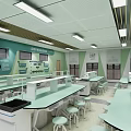 Modern Laboratory Interior With Green Walls White Tables Chairs Smart Devices And Multiple Seats