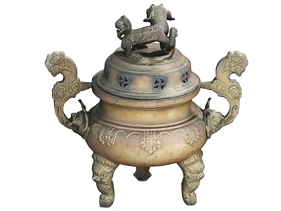 Antique Style Ceramic Vessel With Animal Shaped Lid Decorative Handles Ornate Patterns And Three Legs 3d model