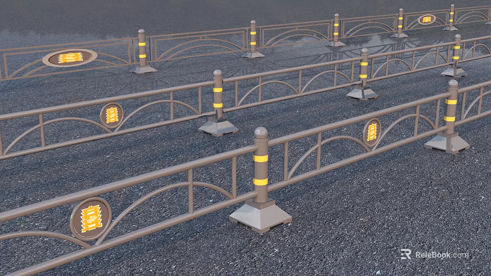 Road Facilities Featuring Railings with Yellow Striped Posts and Illuminated Circular Lights on Gravel Surface 3d model 