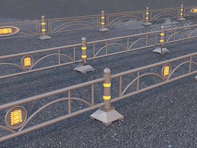 Road Facilities Featuring Railings with Yellow Striped Posts and Illuminated Circular Lights on Gravel Surface 3d model