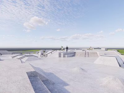 Outdoor Concrete Skate Park Area With Skateboarders And Blue Sky Clouds 3d model
