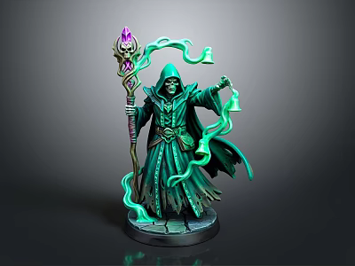 Fantasy Wizard In Green Robe Holding Magical Staff With Purple Crystal And Swirling Smoke 3d model