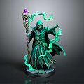 Fantasy Wizard In Green Robe Holding Magical Staff With Purple Crystal And Swirling Smoke