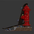 Colorful and Dark Skateboards Near Red Fire Hydrant on Brick Paved Stone Platform