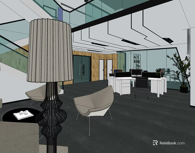 Modern Public Office Space With Workstations Sofa Green Plants And Modern Lighting 3d model 