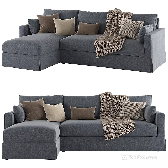 Gray Fabric Double Sofa With Decorative Pillows And Cozy Throw Blanket 3d model