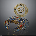 Blue And Gold Decorative Crab Figurine With Red Gemstones And Gold Circular Gemini Symbol