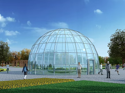 Transparent Glass Dome Sunshade For Outdoor Garden Recreation Area With Blue Sky And Pedestrians 3d model