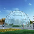 Transparent Glass Dome Sunshade For Outdoor Garden Recreation Area With Blue Sky And Pedestrians