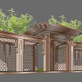 Modern Wooden Pergola with Lattice Fence Shade Roof and Lush Greenery