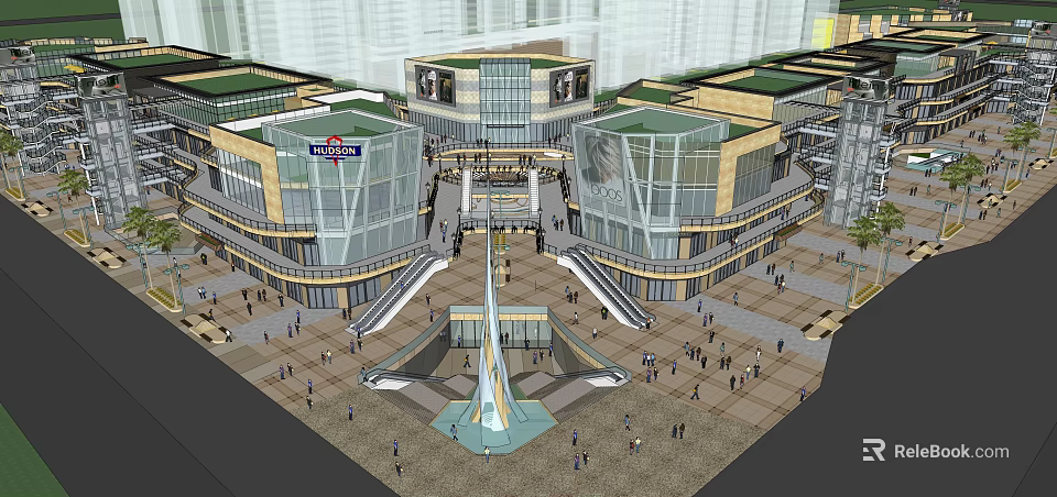 Modern Commercial Street with Glass Facade Buildings Central Square Fountain and Busy Pedestrians 3d model 
