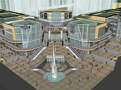 Modern Commercial Street with Glass Facade Buildings Central Square Fountain and Busy Pedestrians 3d model