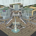 Modern Commercial Street with Glass Facade Buildings Central Square Fountain and Busy Pedestrians