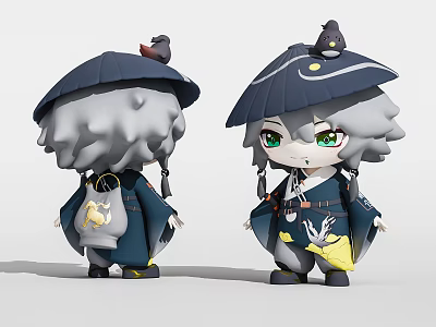 Chibi Character with Bird on Hat Gray Hair Dark Outfit Backpack and Yellow Accessory 3d model