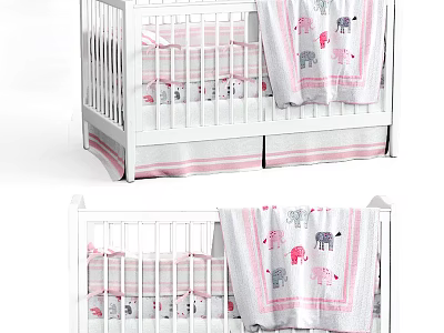 White Children's Bed with Pink and Gray Bedding Elephant Patterns Safety Rails and Storage 3d model
