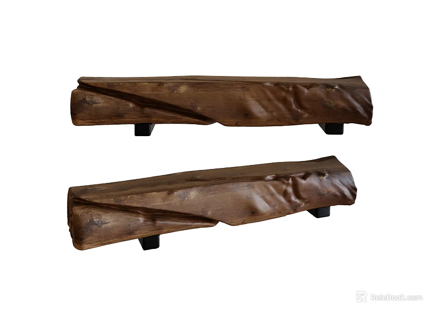 Two Natural Wooden Stools With Unique Curved Shape And Sturdy Support Legs 3d model 