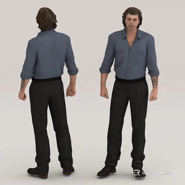 Man In Blue Shirt And Black Pants With Arm Tattoos Front Back Views 3d model 