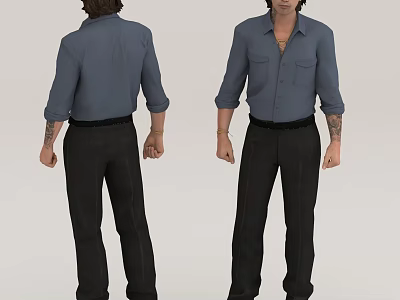 Man In Blue Shirt And Black Pants With Arm Tattoos Front Back Views 3d model