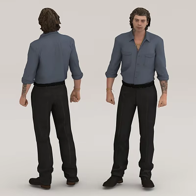 Man In Blue Shirt And Black Pants With Arm Tattoos Front Back Views 3d model Man In Blue Shirt And Black Pants With Arm Tattoos Front Back Views 3d model
