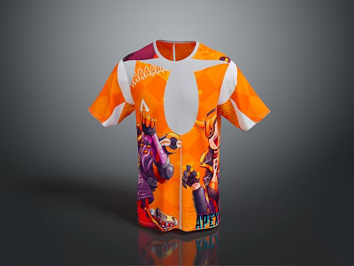 Orange And White T shirt With Colorful Cartoon Characters Rocket Text And Number 4 3d model