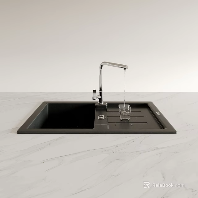 Modern Kitchen Faucet With Water Flowing Into Glass On Black Sink And Marble Countertop 3d model 