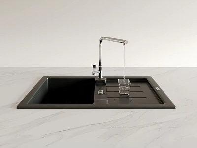 Modern Kitchen Faucet With Water Flowing Into Glass On Black Sink And Marble Countertop 3d model