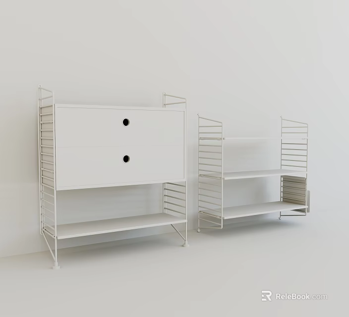 Modern Decorative Cabinet With White Panel Metal Frame Open Shelves And Drawers 3d model 