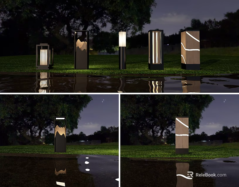 Outdoor Lights With Various Modern Designs Illuminating Night Grass And Water Reflections 3d model 
