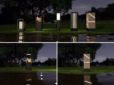 Outdoor Lights With Various Modern Designs Illuminating Night Grass And Water Reflections 3d model