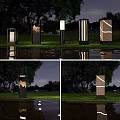 Outdoor Lights With Various Modern Designs Illuminating Night Grass And Water Reflections