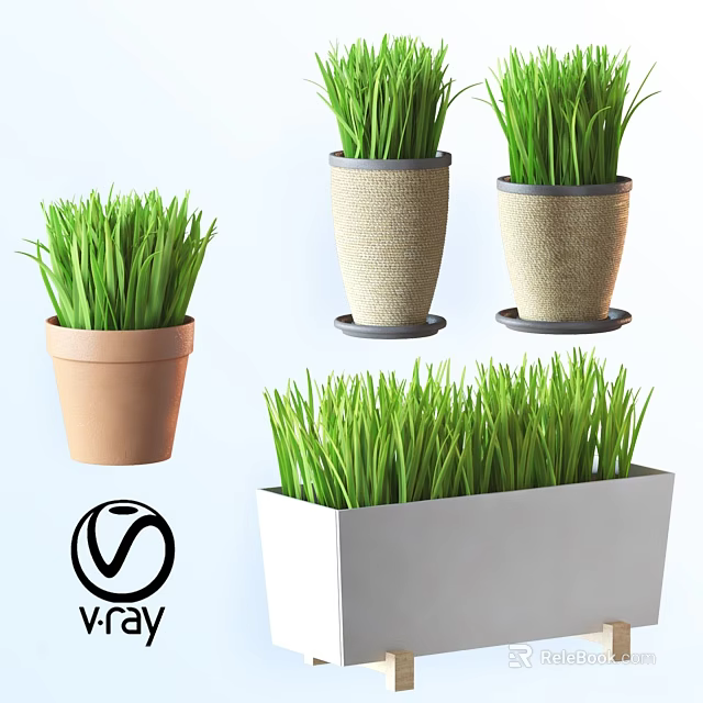 Decorative Ornament Set with Green Grass in Terracotta Woven and White Planters 3d model 