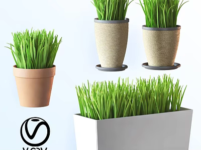 Decorative Ornament Set with Green Grass in Terracotta Woven and White Planters 3d model