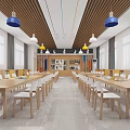 School Classroom Interior With Wooden Tables Chairs And Lights