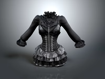Black Corset With Lace Details Layered Skirt Beaded Accents And Ruffled Sleeves 3d model