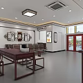 Traditional Chinese Medicine Clinic Interior With Wooden Cabinets Calligraphy Scrolls And Waiting Chairs