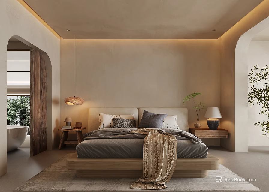 Elegant Hotel Room Interior With Comfortable Bed Nightstand Table Lamp Area Rug And Potted Plant 3d model 