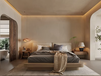 Elegant Hotel Room Interior With Comfortable Bed Nightstand Table Lamp Area Rug And Potted Plant 3d model