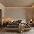Elegant Hotel Room Interior With Comfortable Bed Nightstand Table Lamp Area Rug And Potted Plant