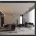 Modern Conference Room Interior With Long Table Black Chairs Glass Walls Pendant Light And Greenery