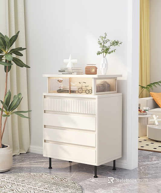 White Chest of Drawers with Books Potted Plant and Decor in Modern Indoor Space 3d model 