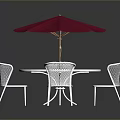 Outdoor Furniture Set With White Round Table Four White Mesh Chairs And Red Umbrella