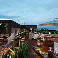 Outdoor Terrace Restaurant With Tables Chairs Green Plants Umbrella Water Feature And Night View