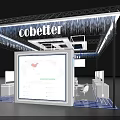 Modern Cobetter Exhibition Booth With Blue Lighting Display Screens White Counters And Green Plants